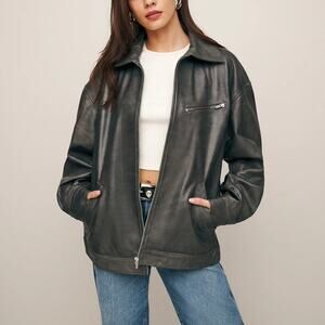 Reformation Veda Marco Bomber NEW Leather Oversized Highway Grey Jacket XXS